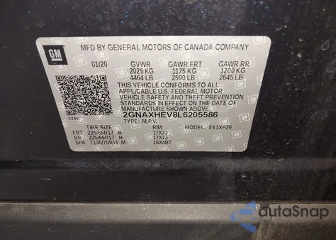 2020 Chevrolet Equinox Fwd Ls из США, поврежденный, VIN 2GNAXHEV8L6205586